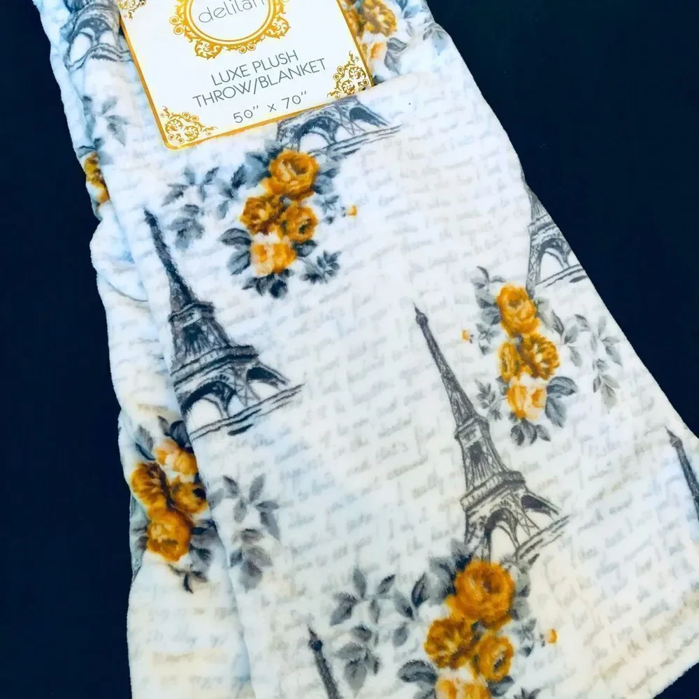 Paris France Yellow Rose Floral Eiffel Tower Plush Throw Blanket